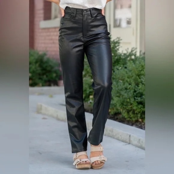 Judy Blue Control Top Faux Leather Straight Pants Black Size 7/28 - Picture 1 of 13